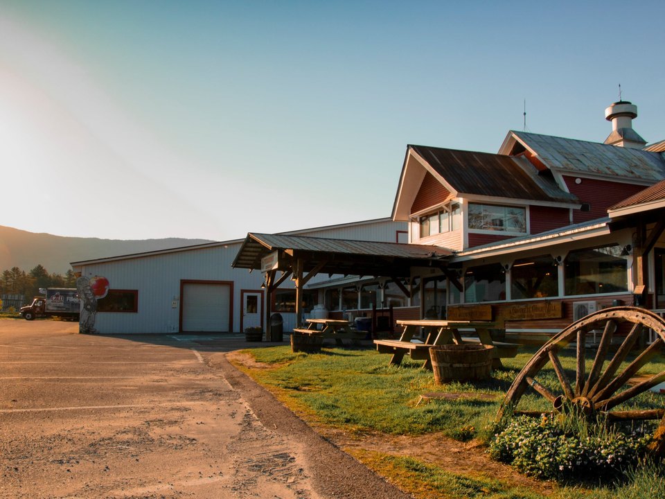 Cold Hollow Cider Mill exterior in Waterbury Center at morning light