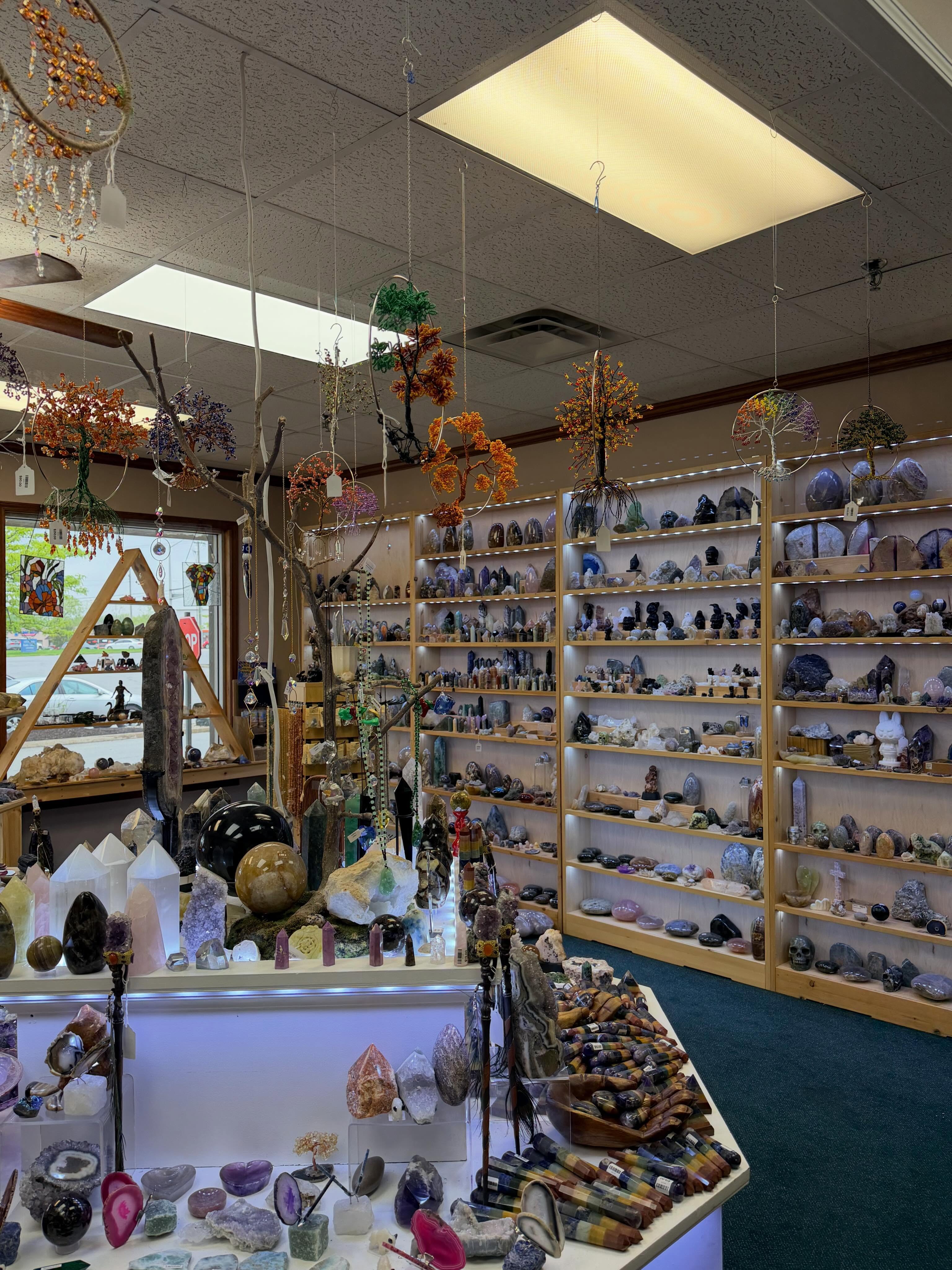 Interior of Fae's Cabinet at 6718 E State Boulevard with mineral displays, handmade trees, jewelry and other artist merchandise
