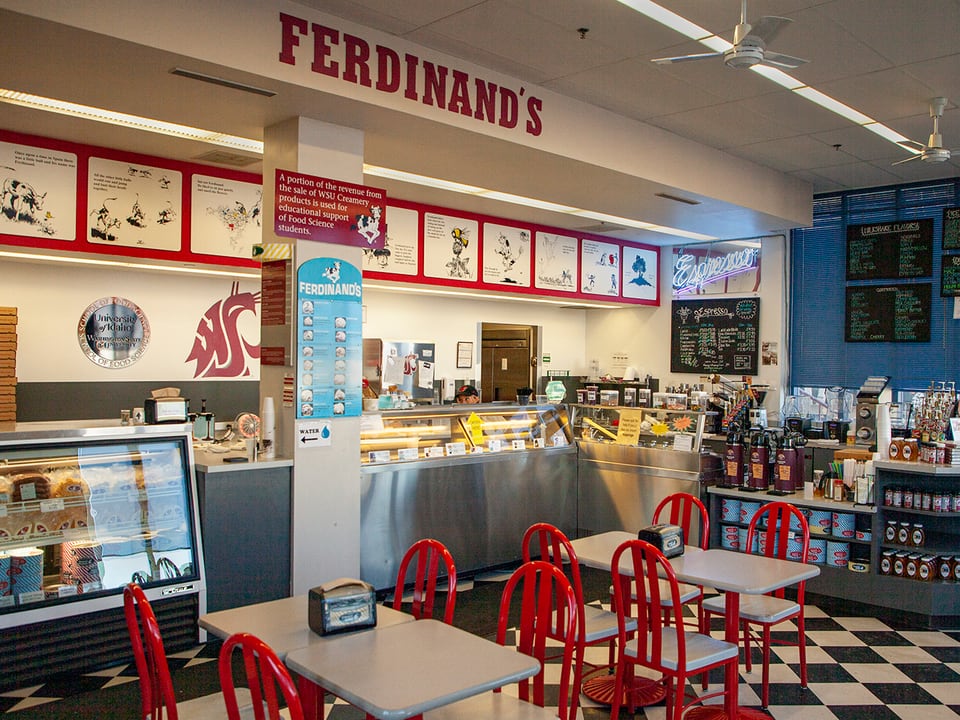 Ferdinand's Ice Cream Shoppe counter and seating inside the WSU Creamery
