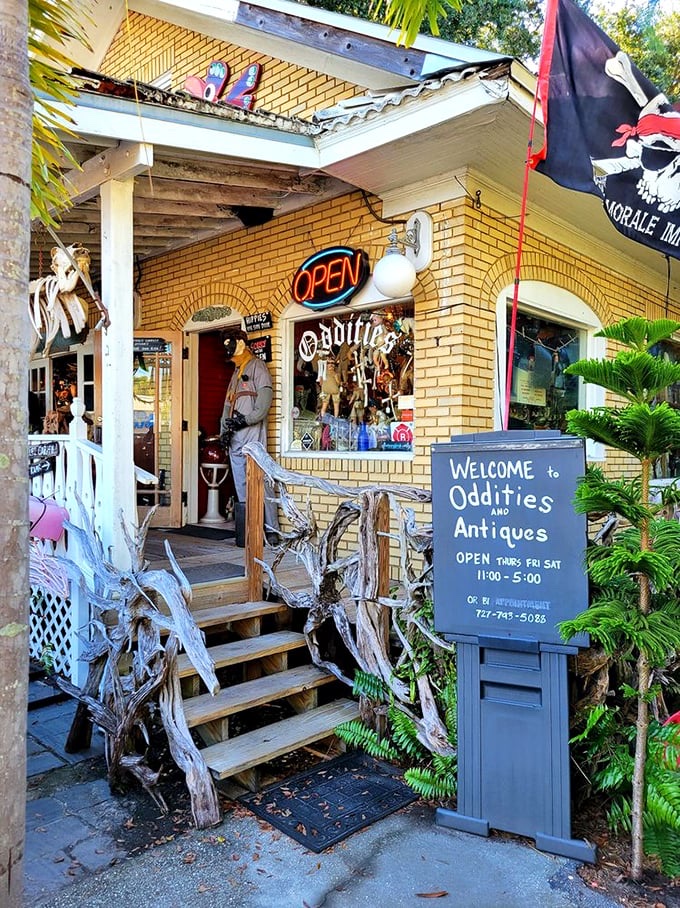Exterior entrance of Frank Miranda's Oddities & Antiques in Clearwater with driftwood rails, oddity displays, and its hours sign