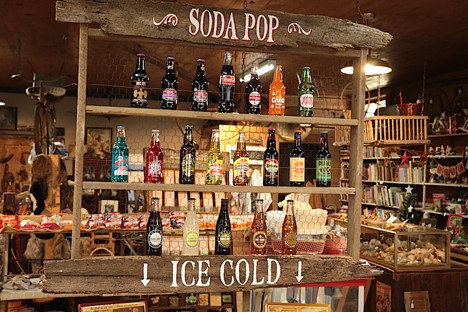 Soda-pop display and store shelves inside Gap Mercantile in Caddo Gap, Arkansas