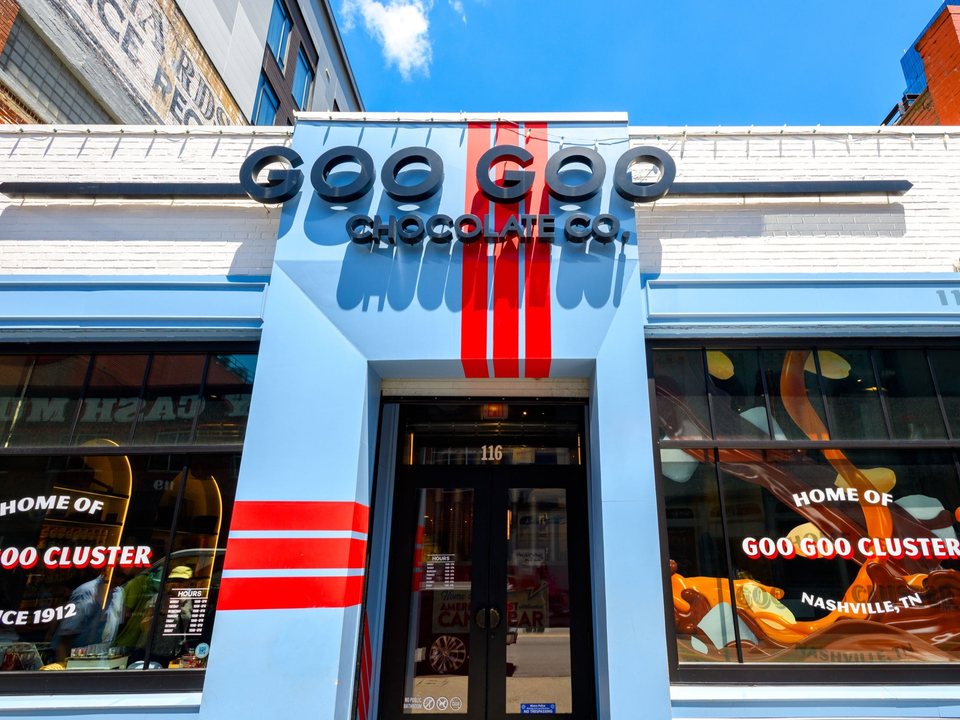 Blue and red Goo Goo Chocolate Co. flagship storefront at 116 Third Avenue South in Nashville