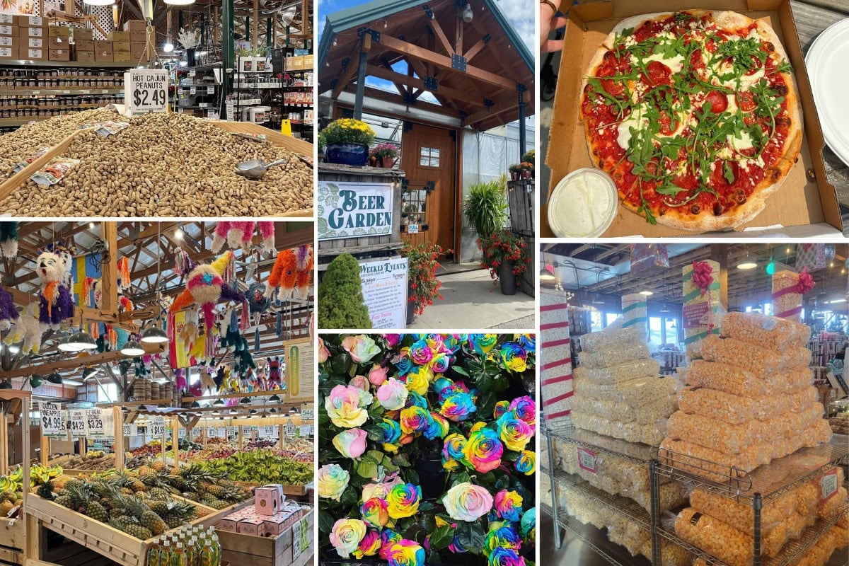 Collage of Horrocks Farm Market in Lansing showing produce and bulk-food aisles, flowers, pizza, popcorn and the Beer Garden