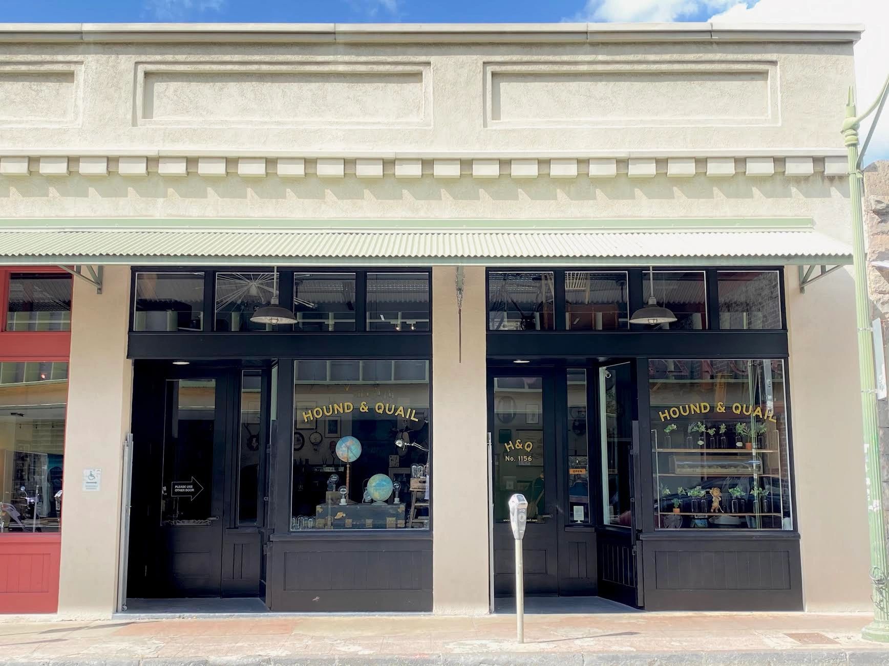 Hound & Quail exterior at 1156 Nuʻuanu Avenue with the shop sign and street number visible
