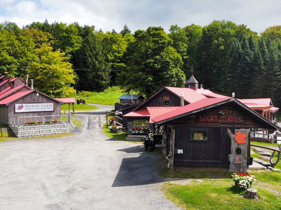 Aerial view of Morse Farm Maple Sugarworks and its Sugar Shack in Montpelier