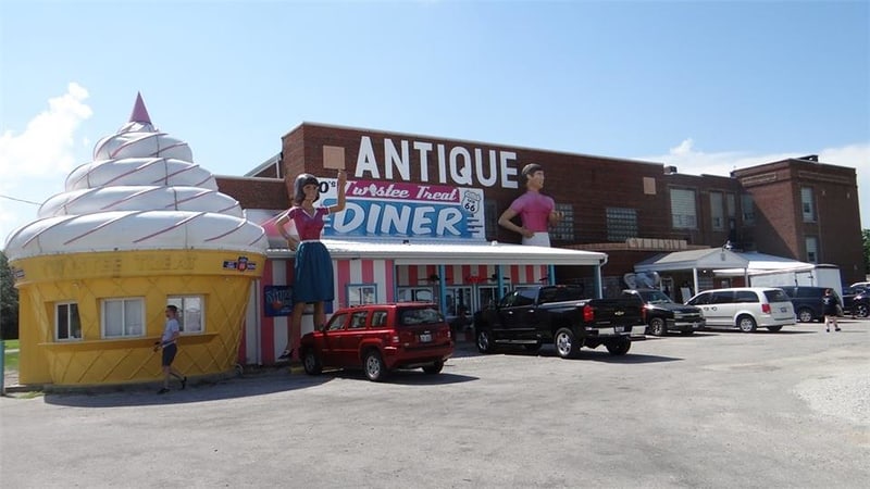 Pink Elephant Antique Mall property in Livingston with the cone-shaped diner, giant figures and former school building