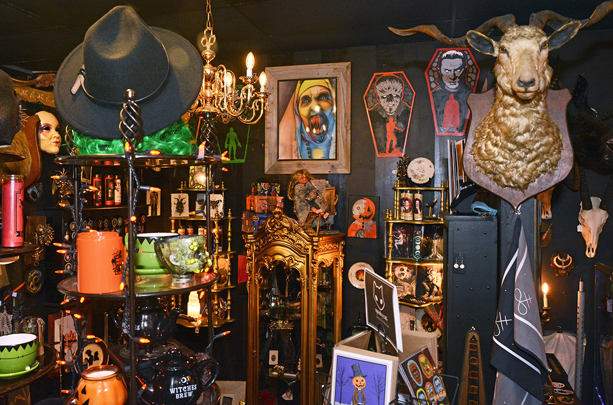 Dark interior of Prometheus Esoterica filled with taxidermy, horror art, antiques, and curious gifts