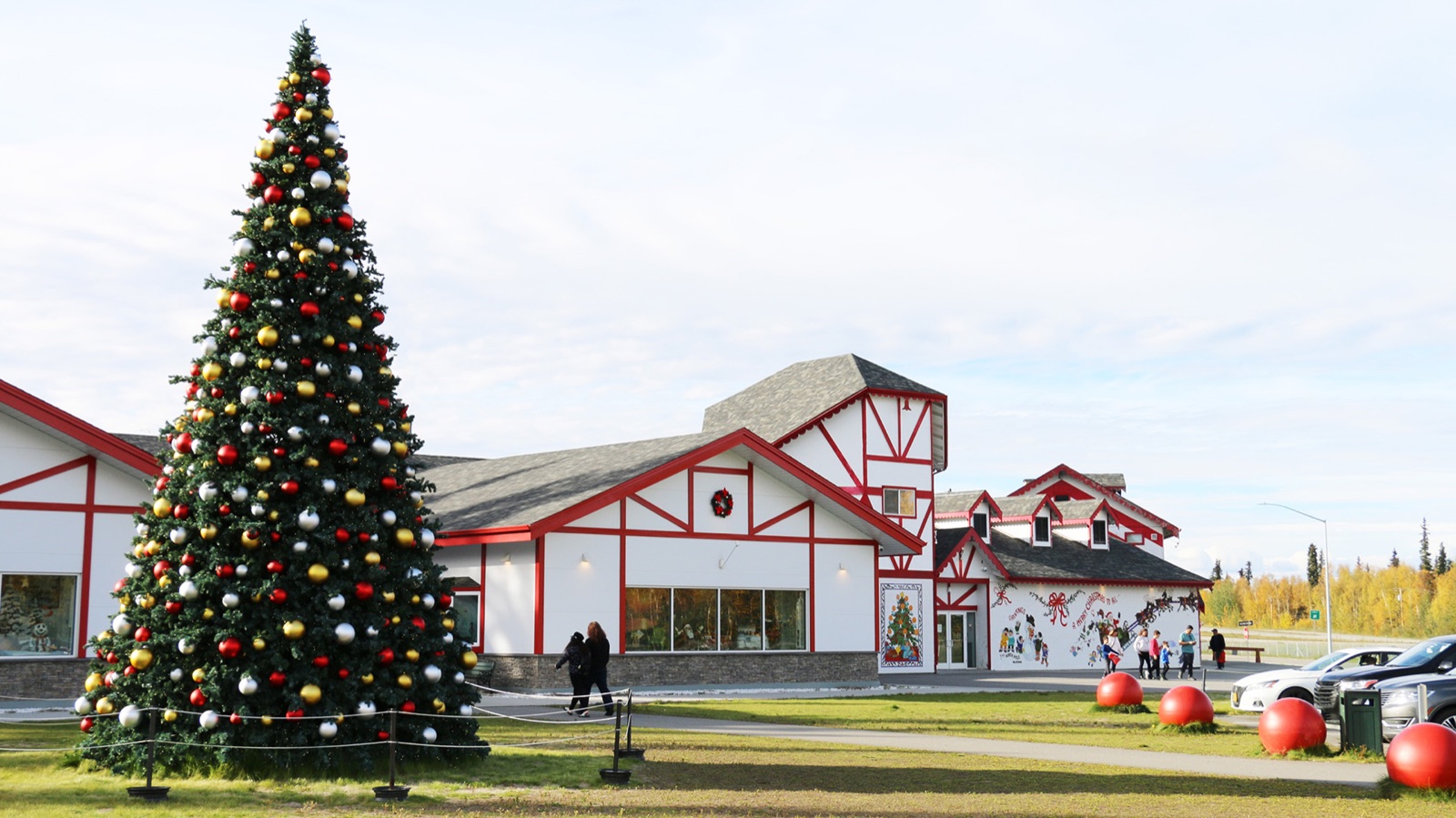 Exterior of Santa Claus House in North Pole, Alaska, decorated for Christmas
