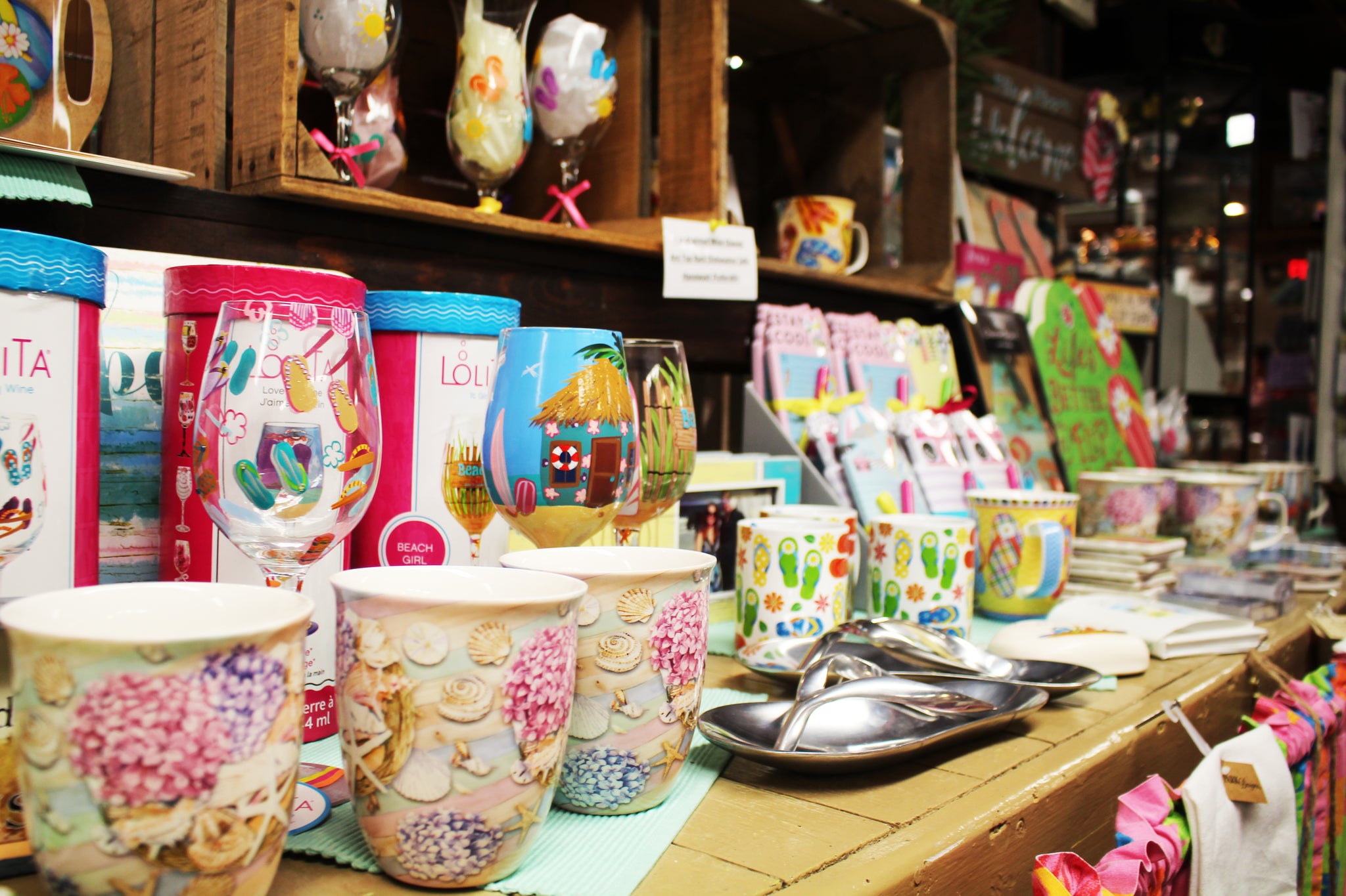 Colorful nautical gifts displayed inside Seaside Country Store in Fenwick Island