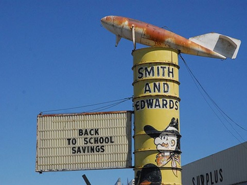 Rocket-topped Smith & Edwards sign at the original Farr West and Ogden-area store