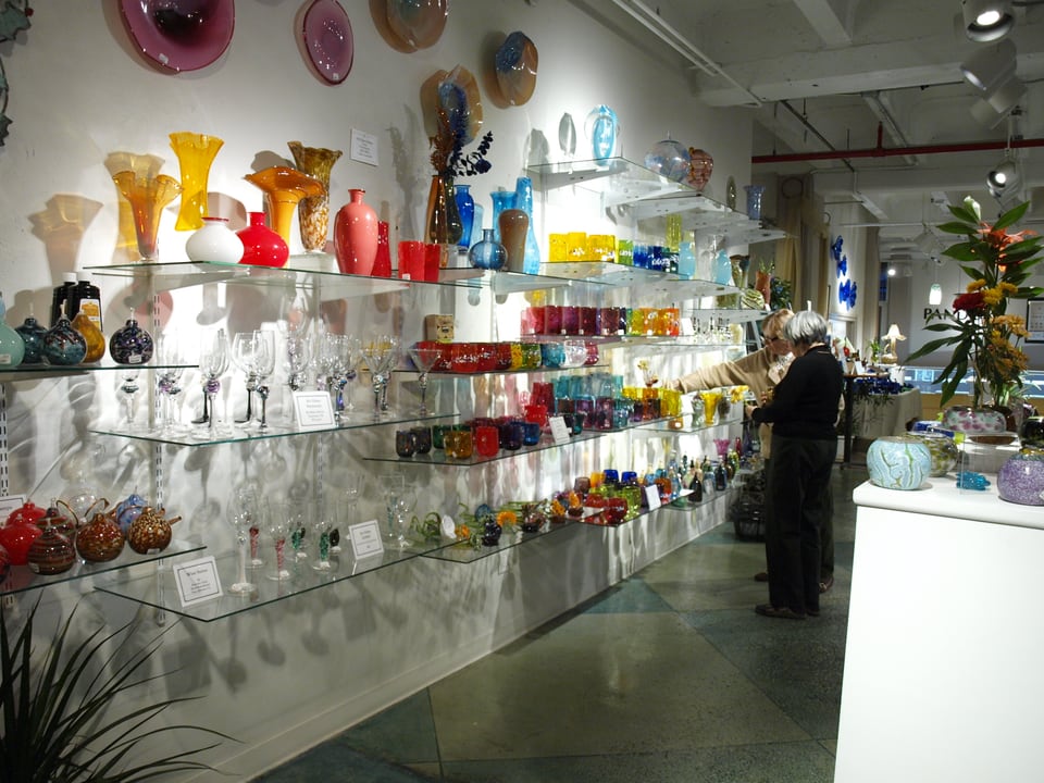 Colorful art-glass displays inside Sunspots Studios in Staunton