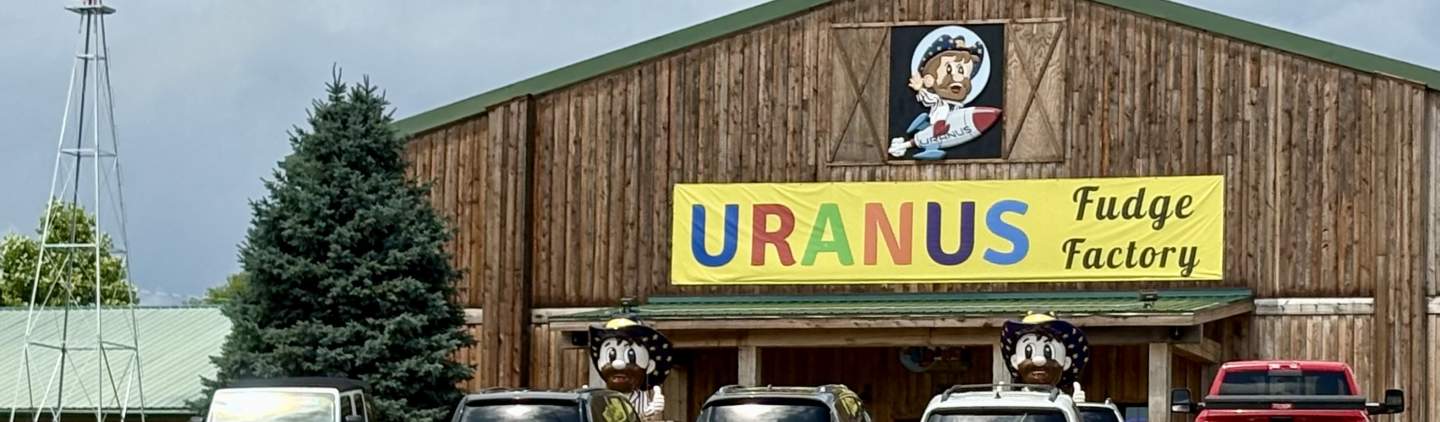 Uranus Fudge Factory exterior in Richmond with the large Uranus Fudge Factory sign above the entrance